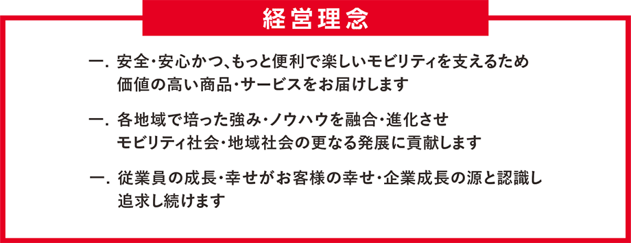 -CS-「感謝と奉仕」の心で仕事にはげみ,お客様の満足を向上する。　-ES-「明るく働きがいのある職場」をつくり、社員の満足を向上する。　-SS-「地域社会との調和」をはかり、社会の満足を向上する。